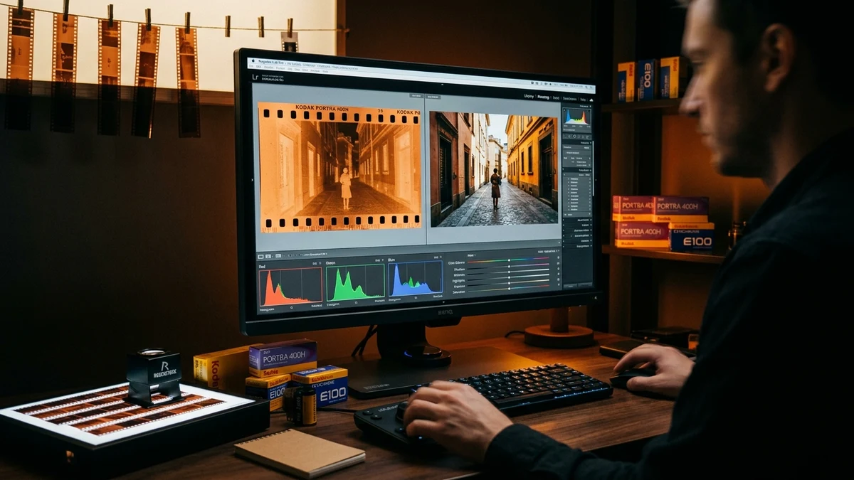Digital darkroom computer workstation showing split screen of orange negative inverted to vibrant positive photograph