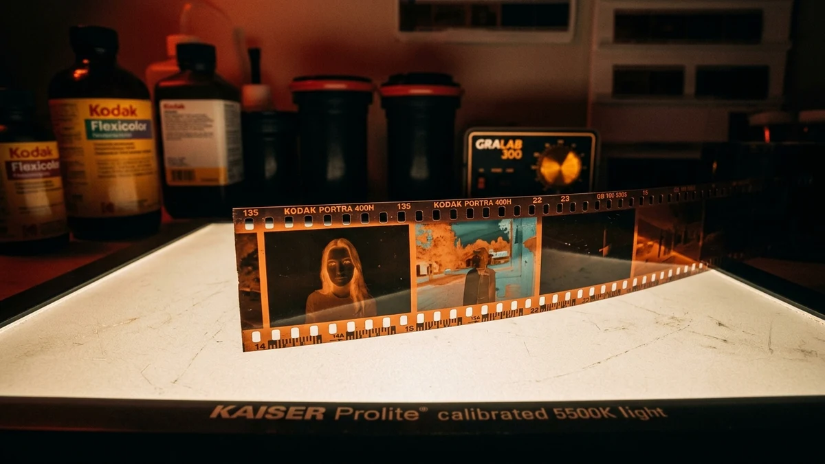 35mm color film negative frame illuminated on calibrated 5500K daylight lightbox