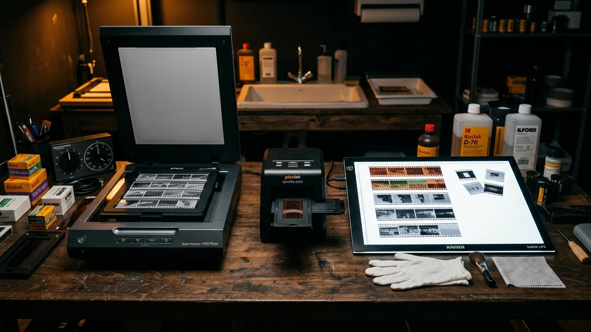 Epson V600 flatbed scanner, Plustek OpticFilm 35mm scanner, and LED light pad on darkroom desk