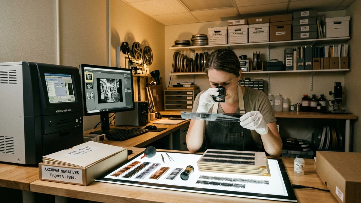 Archival film preservation laboratory technician inspecting 35mm film strips over illuminated light table